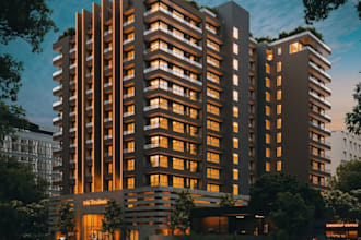 create fantabulous 3d commercial building exterior realistic day,night rendering