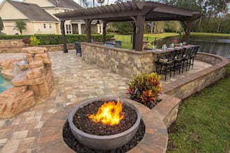 l do pantry design garden,outdoor living,waterfall,deck,kitchen,landscape area