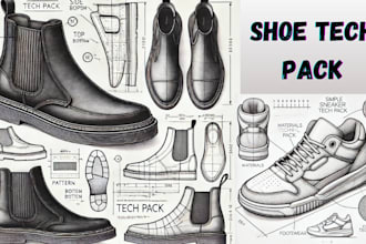 sketch footwear, sneakers, heels, boot, shoe tech pack and shoe design