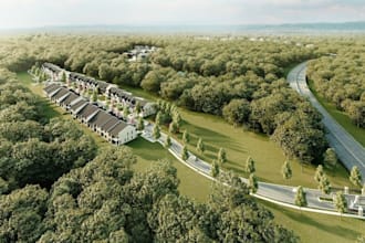 3d aerial exterior design, landscape planning and rendering, floor plan layout