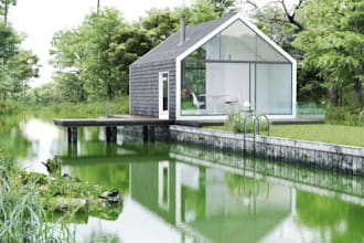 visualize 3d lake house, glamping tent design, forest environment,glass interior