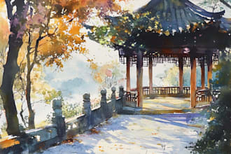 paint landscape and architechtural structure with watercolor
