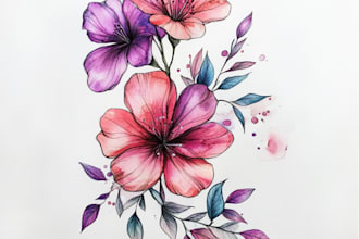 paint watercolor botanical illustration of flowers and plants