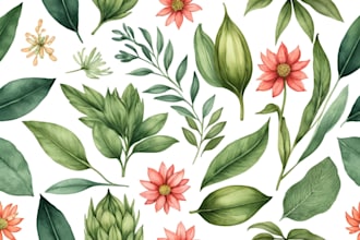 draw botanical illustrations of watercolor  flowers, plants, line art