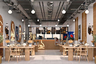 remodel 3d fast food restaurant, cgi coffee bar,lounge, vectorwork render,bakery