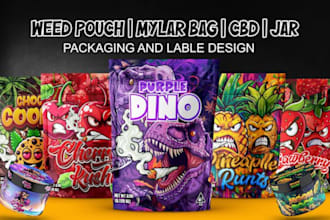 create mylar bag design for weed packaging, trippy and cartoony illustrations