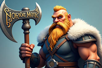 do make huge nordic warrior mascot hold big axe weapon logo design