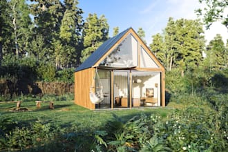 retouch 3d cabin house,cottage exterior,garden design, floor plan interior, lawn