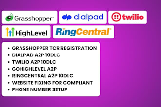setup grasshopper tcr registration, dialpad, ringcentral a2p 10dlc