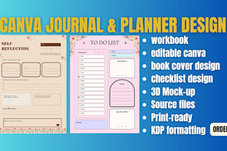 design custom canva editable printable planner, workbook, worksheet, kdp journal