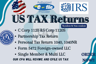 do US tax filing, US tax returns, llc tax, business tax 1120 5472 1040 cpa