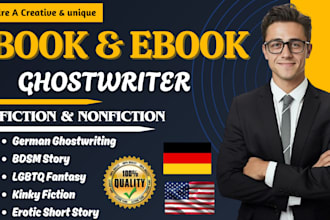ghostwrite german fictional book, kinky, bdsm lgbtq, short story, fantasy novel