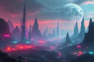 draw a cyberpunk futuristic landscape or sci fi concept