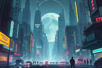 draw sci fi illustration of futuristic cyberpunk city
