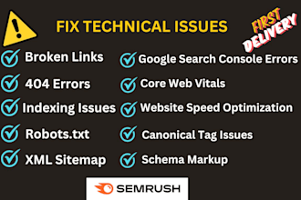 fix broken links, 404 errors, core web vitals, indexing issues, semrush issues