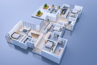 do realistic render of a 3d floor plan with visualization