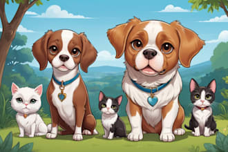 draw cartoon pet portraits, dogs, cats cartoon pet portraits