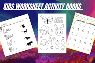 design custom kids activity book worksheets, colouring book