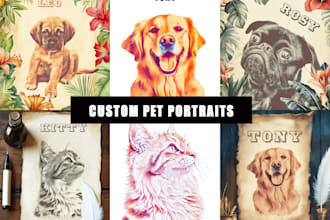 draw custom pets dog cat portrait illustration in vintage style