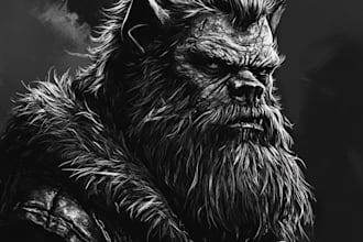 create  dark horror fantasy character art in black and white