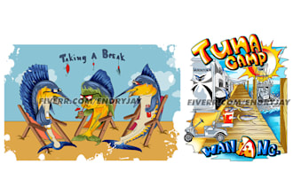 design fun fish illustration and outdoor camping artwork