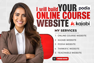 build your course website, sales page, landing page kajabi, podia, thinkific