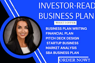 craft an investor ready business plan, financial model, pitch deck for startups