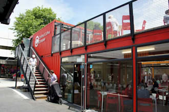 design a modern shipping container house,cafe shop restaurant with 3d renderings