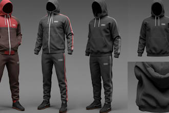 create 3d tracksuit, jacket, streetwear, hoodie and sweatshirt clothing mockups