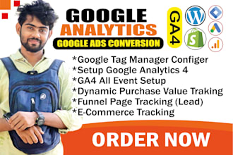 setup google analytics, ads conversion tracking, ga4 ecommerce tracking by GTM