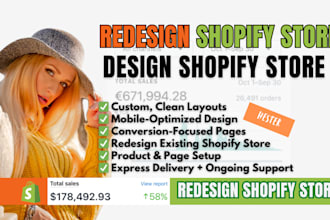 redesign shopify ecommerce website, build shopify store, shopify store design