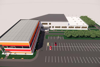 do 3d design for landscape of factory, storage container, and warehouse