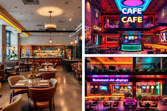 do 3d cafe interior exterior design, restaurant,  lounge bar, nightclub