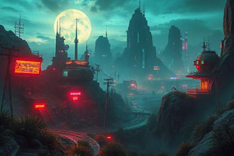 create sci fi or cyberpunk landscape artwork