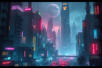 create a cyberpunk futuristic city illustration