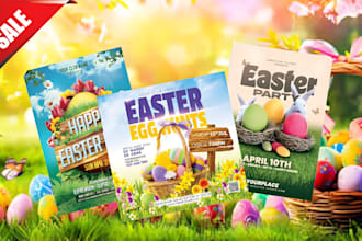 design easter day flyer, menu, egg hunt, church, card, social post, banner, reel