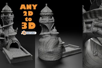 sculpt 3d dice tower, character, figure, from 2d artwork using blender