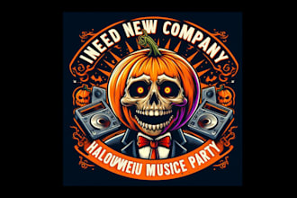 make halloween pumpkin zombie dj music party logo with satisfaction guaranteed