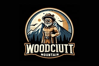 design woodcut mountain mascot logo with satisfaction guaranteed