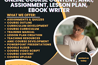 create online course content, curriculum, assignments, lesson plan, ebook writer
