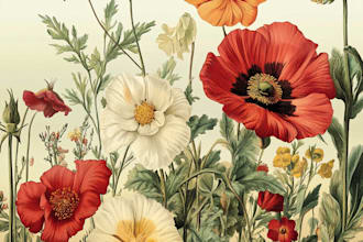 create a botanical illustration of flowers, plants, line art