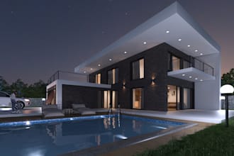 rebuild 3d massive villa,cgi patio,apartment courtyard design,pool,night render