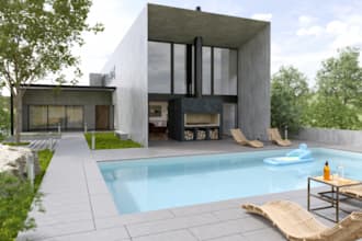 renew 3d porch house, deck, pool,outdoor patio,corona render, interior elevation