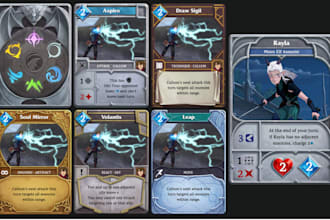 design trading card game, tcg art, card templates, box mockup rulebook design