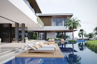 optimize modern villa,landscape environment,swimming pool,smooth facade,exterior