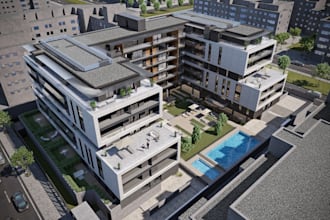 optimized terrace apartment, villa landscape, facade, real estate, cgi rendering