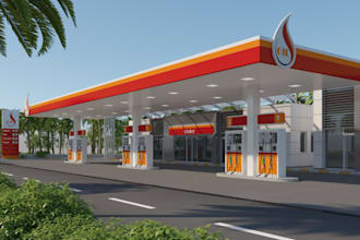 design modern petrol station design,3d cgi fuel station, bus stands,gas station