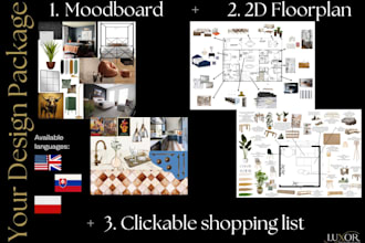 design a custom interior plan with mood board and 2d layout