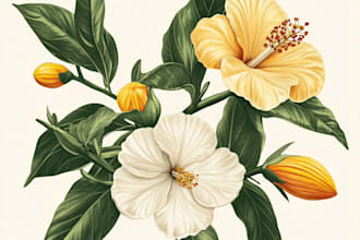 paint botanical illustration of plants, fruits, flowers, vegetables, herbs