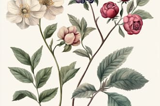 draw botanical illustrations of flowers, plants, line art